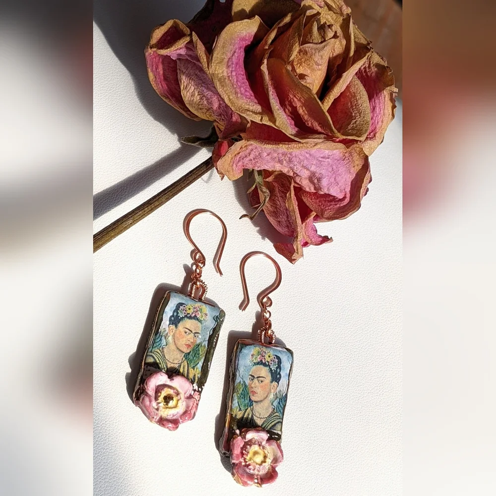 Unique Frida Khalo Earrings Artisan Crafted Lightweight Ceramic Charms - Picture 5 of 16